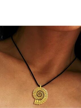 Gold Spiral Sun Pendant Necklace on Black Cord